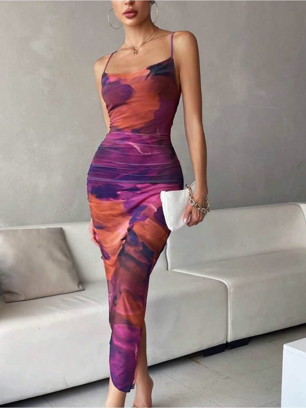 SHEIN Purple & Orange Tie-Dye Slip Midi Dress